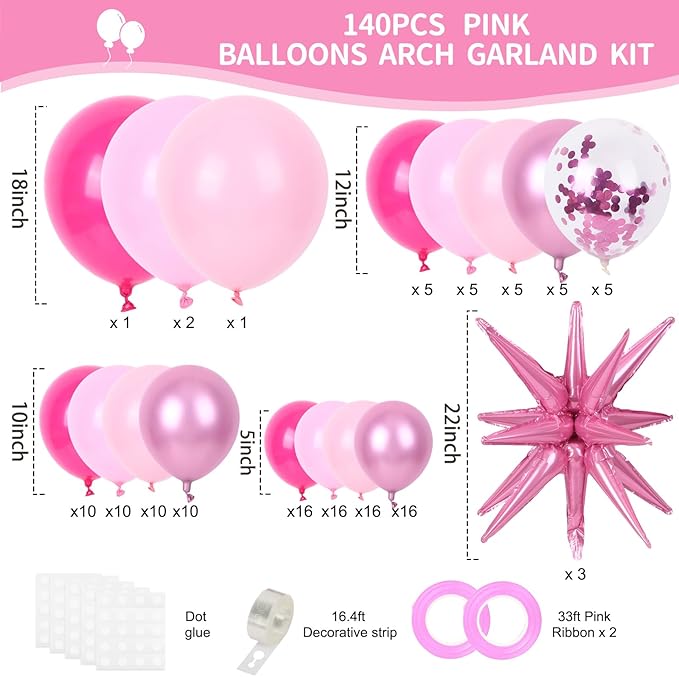 RUBFAC Pink Balloon Arch Kit, Pink Graduation Decorations 2026, Star Latex Balloons for Mother’s Day Girl Birthday Baby Shower Princess Wedding Party Decorations, 140pcs