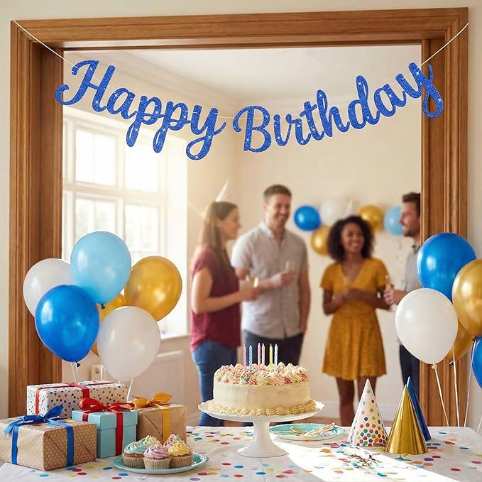 Glitter Happy Birthday Banner Sign, Reusable Birthday Garland Party Supplies, Cake Day Backdrop Banners Wall Decorations for Women, Girls, Boys (Blue)