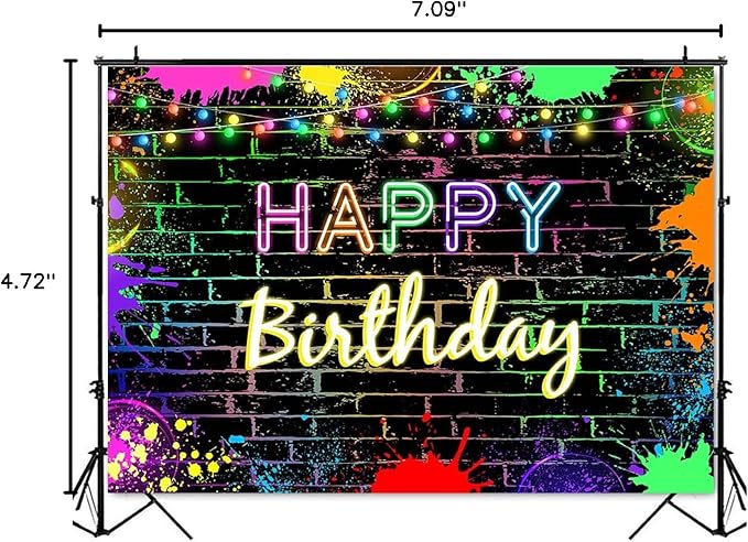 Mocsicka Glow Birthday Backdrop Neon Glow-in-the-Dark Party Banner Decoration Glowing Crazy Rainbow Birthday Photo Backdrop Photo Prop (Glowing design, but not really glowing) (7x5 feet (82x60 inches)