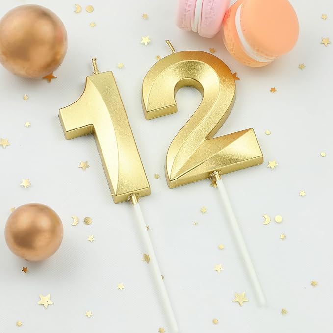2.76 Inch Diamond Gold 12 Number Birthday Candles, Gold Number Candles, Cake Number Candles, Party Celebration