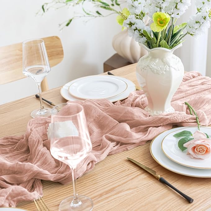 Asee'm 4pcs Cheesecloth Table Runner 120 Inches Dusty Pink Boho Gauze Cheese Cloth Runner 10FT Rustic Sheer Table Runners for Summer Wedding Baby Shower Holiday Party Decoration