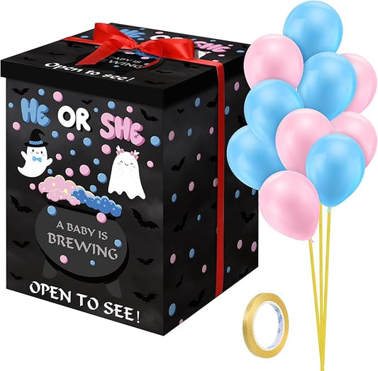 Hungdao Gender Reveal Balloon Box with Ribbon and 10 Pink and Blue Balloons Gender Reveal Games He or She Open to See for Party Decoration 12 x12 x16 (Ghost)