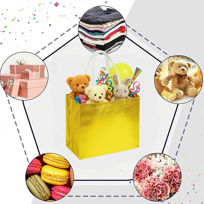 VGOODALL 15PCS Gold Gift Bags with Handles, 12.6 x 5 x 11 Reusable Large Party Favor Bags for Birthday, Wedding