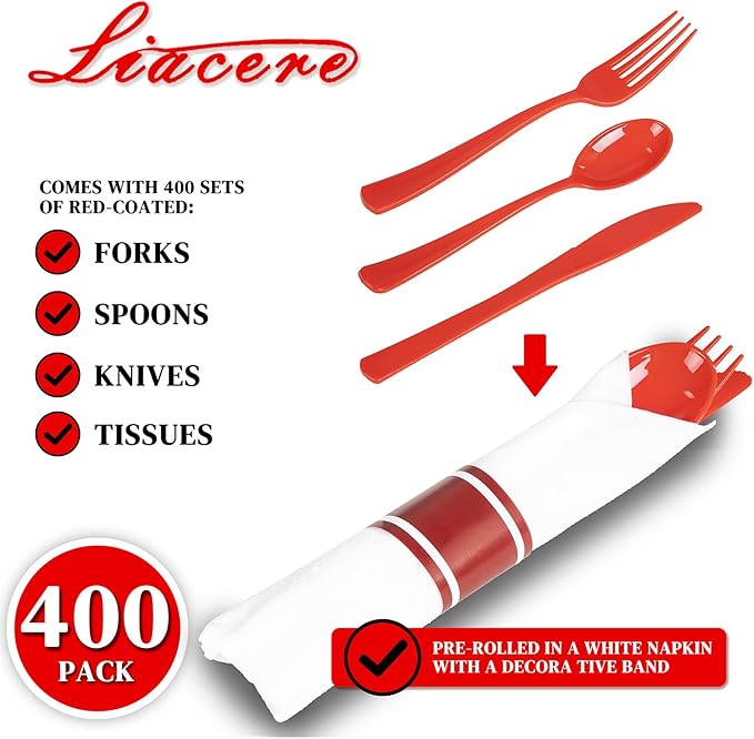 Liacere 400PCS Pre Rolled Red Silverware and Napkin - Disposable Red Plastic Utensils-Wrapped Plastic Cutlery Set with Napkin:100Forks,100Knives,100Spoons,100Napkins for Graduation & Memorial Day