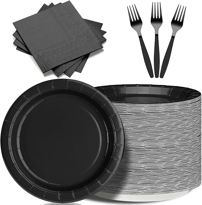 Black Paper Plates and Napkins Party Supplies-50 x 7''Dessert Plates & 50 x 5''Napkins & 50 x 7.3''Forks, Disposable Paper Tableware Set for Birthday, Retirement, Graduation, Father's Day
