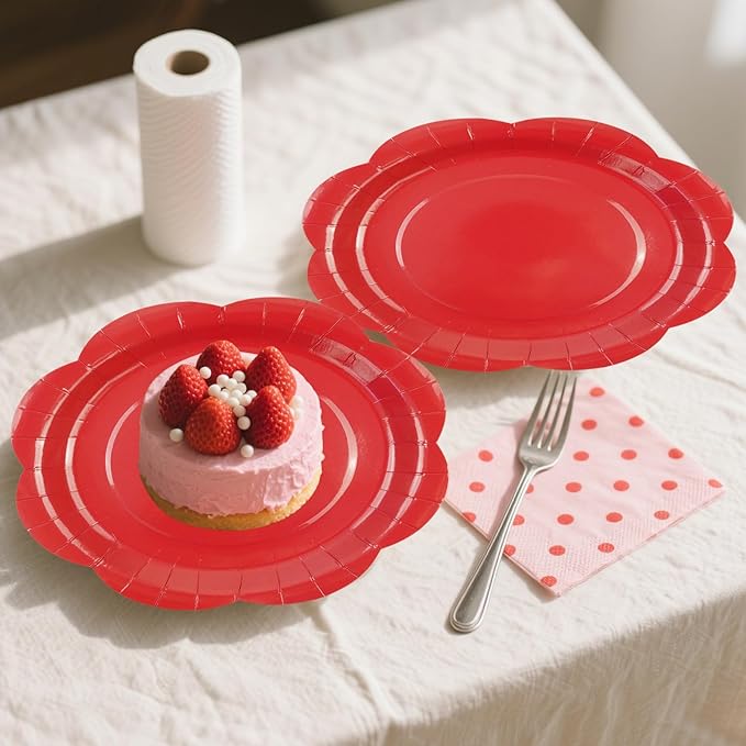 30 Pack Red Paper Plates 9 Inch, Disposable Scalloped Plates Cake Dessert Plate for Dinner Baby Shower Wedding Bridal Shower Birthday Party Supplies (Red, 9 inch)