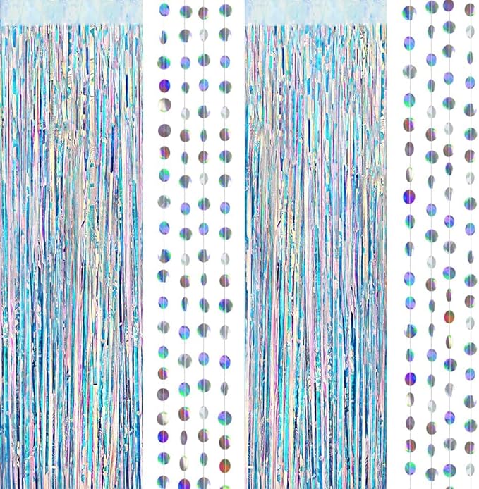 Cheerland Iridescent Tinsel Foil Fringe Backdrop Curtain Circle Garland Holographic Party Decorations Disco Birthday Wedding Graduation Christmas New Year Theme Party Streamer Decor