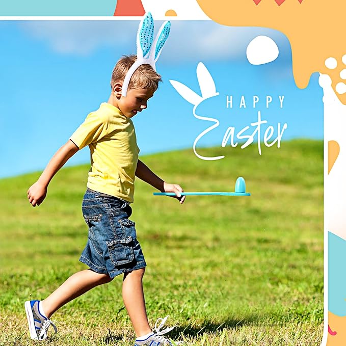 Civaner 30 Pcs Outdoor Games Set for Kids Includes 6 Bunny Potato Sack Race Bags 6 Egg and Spoon 6 Bunny Ears Headbands 6 Legged Relay Race Band for Game Party(Rainbow Color,Cute)