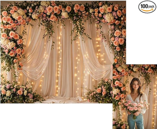 Kate 10x8ft Blush Floral Curtain Photography Backdrop with Lights Romantic Peach Rose Sheer Curtain Photo Background for Wedding Bridal Shower Birthday Party Photoshoot