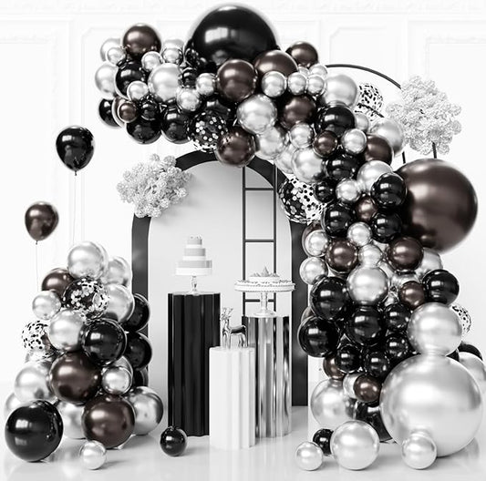 Black and Silver Balloons Arch Kit,130pcs Metallic Black Balloons Garland,Different Sizes Metallic Silver Latex Balloons for Birthday Engagement Baby Shower Wedding Graduation Party Decorations