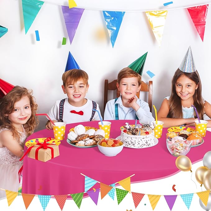 tujol Hot Pink 6 Pack Plastic Table Cloth 84", Disposable Round Tablecloth Table Cover, Plastic Tablecloths for Parties
