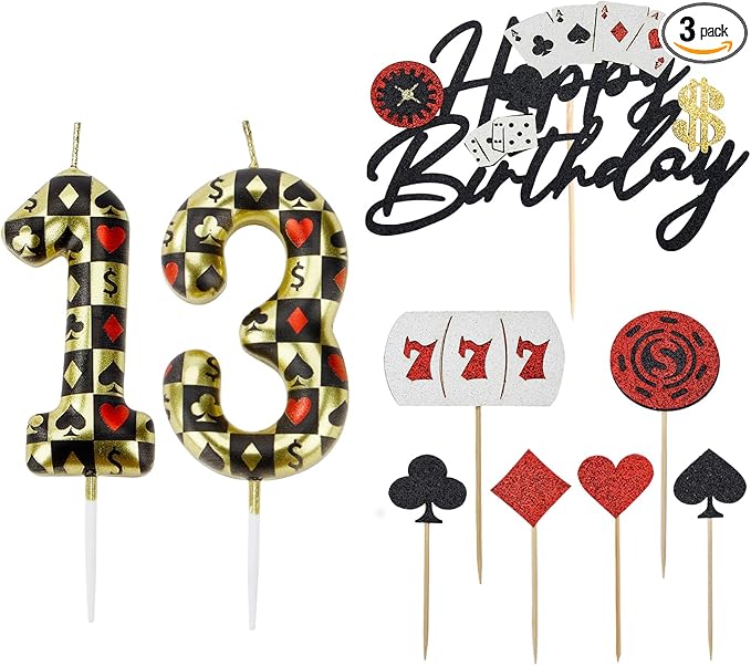 Casino Birthday Number Candles for Cake, Poker Birthday Candles for Casino Themed Birthday Party Decoration, Glitter Casino Birthday Cake Topper for Casino Night Theme Birthday Cake(Number 13 & 31)