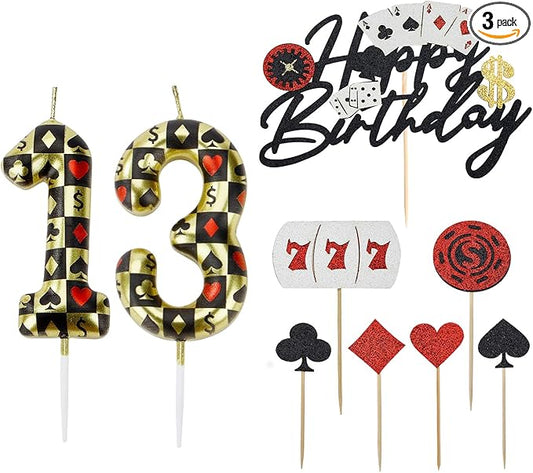 Casino Birthday Number Candles for Cake, Poker Birthday Candles for Casino Themed Birthday Party Decoration, Glitter Casino Birthday Cake Topper for Casino Night Theme Birthday Cake(Number 13 & 31)