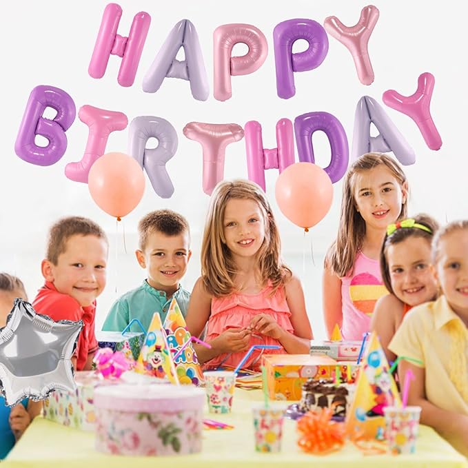 CANREVEL Happy Birthday Banner 13pcs 16 Inch Mylar Foil Letters Balloons Birthday Party Decorations for Kids and Adults - 3D Pink Purple