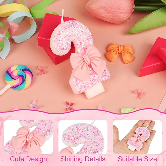 Pink Bow Number 2 Birthday Candle, Glittering Candles Birthday Cake Topper, Princess Themed Party Decor for Girls and Women Anniversary Party Supplies