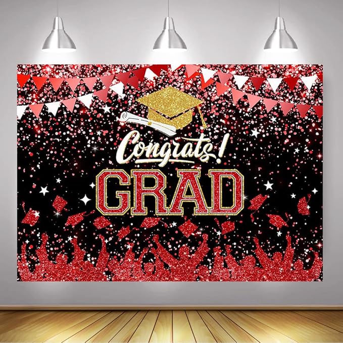 Mocsicka Graduation Party Decorations 2026 Congrats Grad Backdrops for Photography Bachelor Cap Congratulations Grad Photo Backdrop Graduation Prom Party Supplie (Red, 8x6ft(96x72 inch))