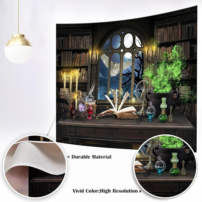 Mocsicka Wizard Magic Bookshelf Backdrop Witch Cauldron Halloween Party Decoration Magic Theme Birthday Party Banner Photo Studio Props (Brown, 10x8ft(120''x96''))