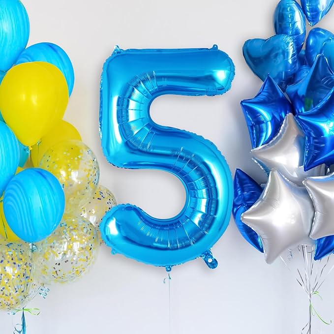 Blue Number 5 Balloon 40 Inch, Big Large Foil Helium Number Balloons, Jumbo Giant Mylar Number 5 Balloons for 5 Year Old Birthday Party Decorations Supplies Anniversary Celebration