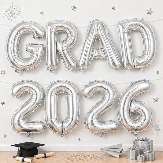 Silver Grad 2026 Balloons, 2026 Graduation Decorations Set Congrats Grad Foil Balloons Banner Sign for Class of 2026 Graduation Decorations College High School Prom Party Backdrop Supplies