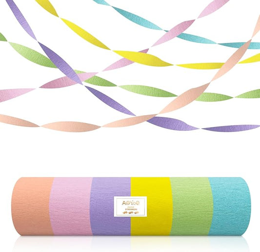 Pastel Rainbow Crepe Paper Streamers - 6 Rolls Macaron Party Streamer Decorations for Birthday, Baby Shower Easter Unicorn Mermaid Theme Supplies - Pink Blue Yellow Green Purple Peach Hanging Backdrop