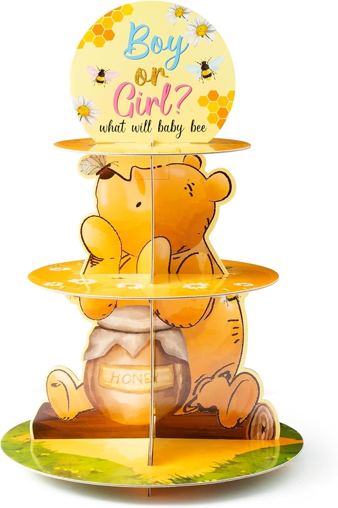 Gender Reveal Cupcake Stand - 3 Tier Boy or Girl Winnie Gender Reveal Party Dessert Holder Winnie Theme Baby Shower Cardboard Cake Stand Party Decorations Winnie Baby Shower Cupcake Display