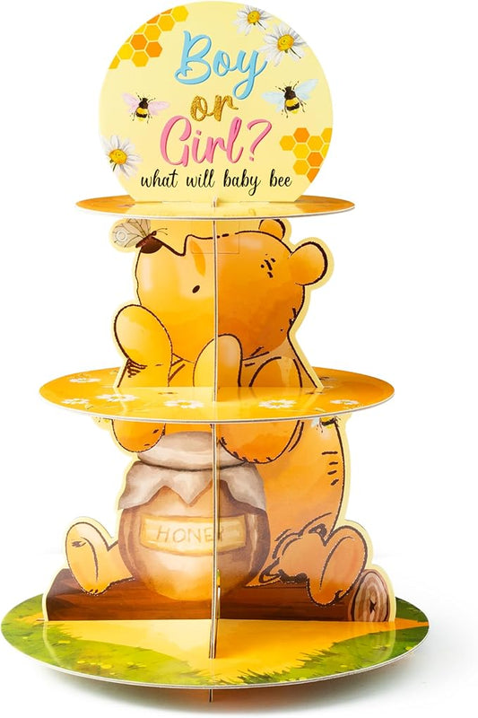 Gender Reveal Cupcake Stand - 3 Tier Boy or Girl Winnie Gender Reveal Party Dessert Holder Winnie Theme Baby Shower Cardboard Cake Stand Party Decorations Winnie Baby Shower Cupcake Display