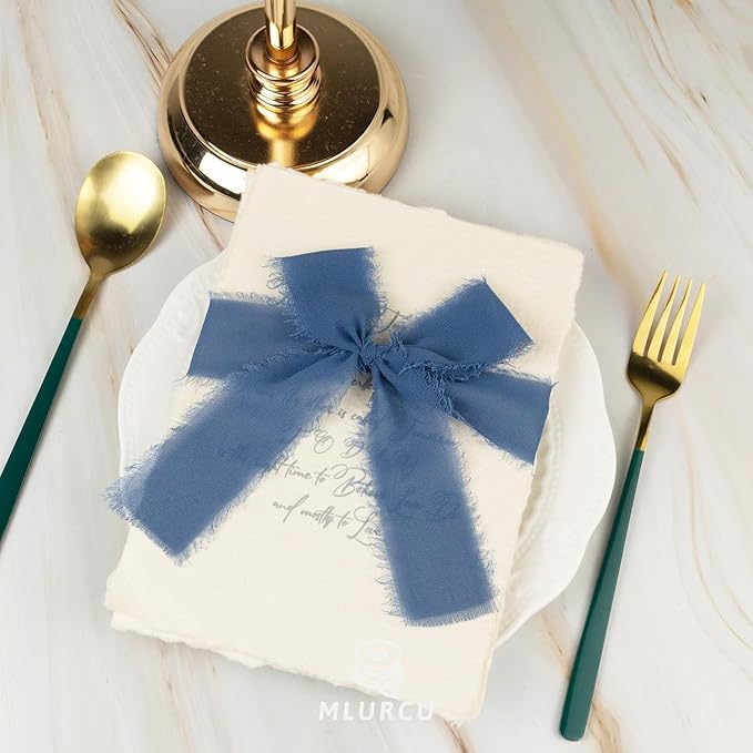Handmade Fringe Chiffon Silk Ribbon - 1.5 Inch x 3Yd, Multi-Blue (Baby, French, Dusty, Dark, Royal, Navy) for Wedding Invitation, Flower Bouquets, Gift Wrapping, Baby Shower