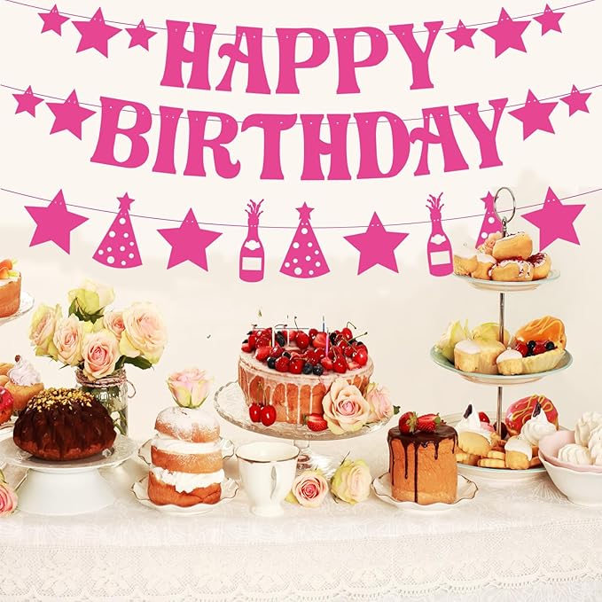 GOGOBAY Hot Pink Happy Birthday Decorations - 7PCS Pre-Strung Banner & Hanging Decorations for Girls' Birthday Party