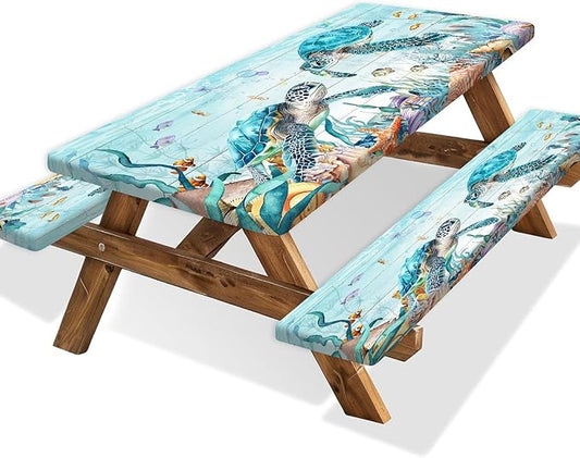 Ocean Sea Turtles Picnic Table Cover with Bench Covers and Bag, Camping Essentials, Waterproof Windproof, Fitted Tablecloth Cover with Elastic Edge, for Indoor & Outdoor, Garden, 3 PCS, 30x72 Inch