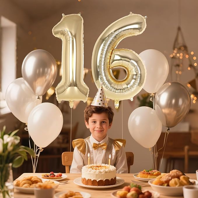 Champagne Gold Large Number 16 Balloon, 40 Inch Light Gold Foil Helium Number Balloons, Giant Mylar Number 16 Balloons for 16 Years Old Birthday Party Anniversary Decorations (Champagne Gold 16)