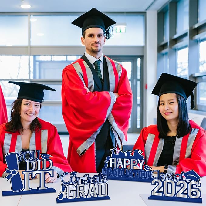 4Pcs Blue and Silver Graduation Decorations 2026 Congrats Grad Wooden Table Centerpieces Graduation Table Decorations for Class of 2026 Decorations