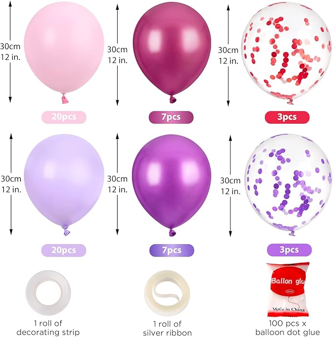 60PCS Pink and Purple Balloons,GAGAKU 12 Inch Latex Confetti Balloons, Metallic Purple Pink Latex Balloons with Ribbon, Party Balloons for Women Kids Birthday Wedding Bride Bachelorette Retirement