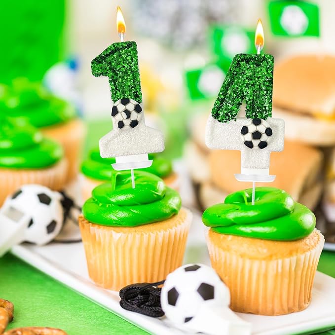 Soccer Birthday Candles Cake Topper for Girl and Boy, Wedding Cakes, Anniversaries, Party Celebrations, Birthday Decorations (Green White, 14)
