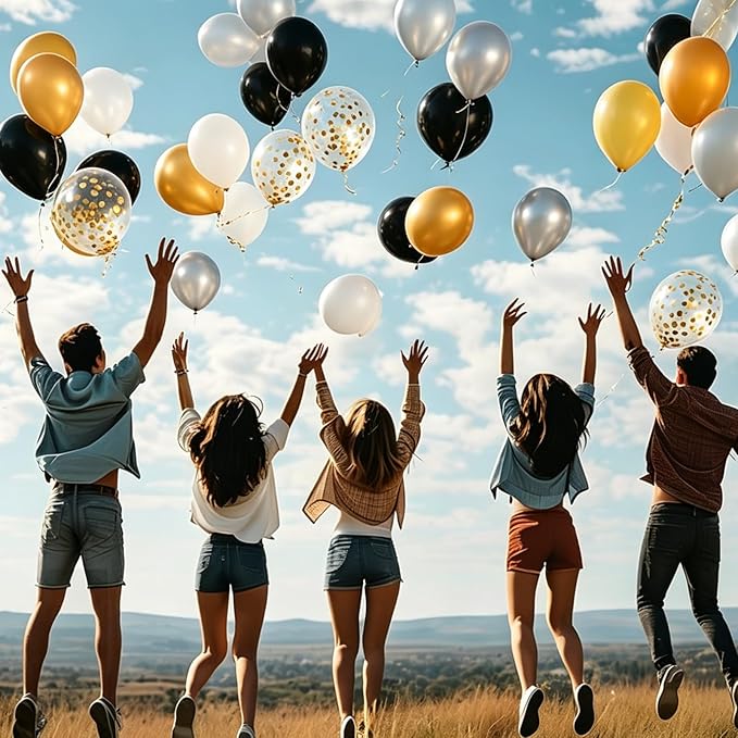 Black and Gold Balloons White Black Gold Confetti Balloon, 60 Pcs 12 Inch Latex Confetti Metallic Balloons with 1 Ribbon, for Birthday Wedding Bridal Shower Party Decorations