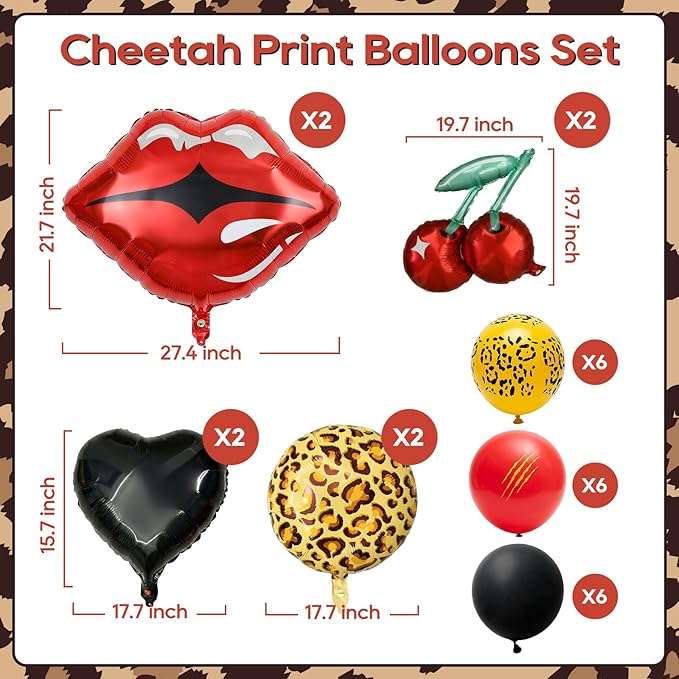 26Pcs Leopard Theme Balloon Kit, Red Black Balloon Set with Leopard Print Balloons, Red Lip Cherry Balloons, Heart Balloons for Birthday Party, Cheetah Balloon Bachelorette Decorations