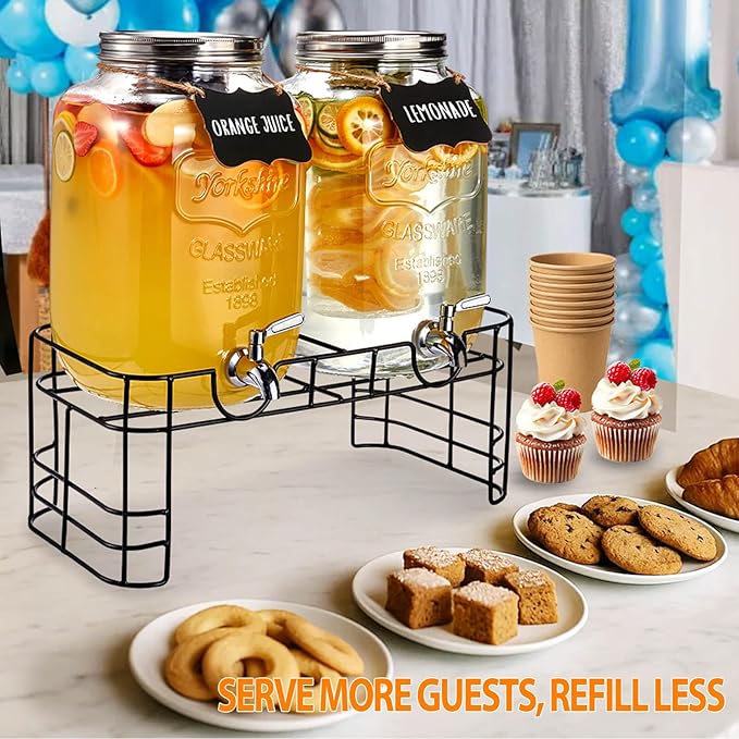 2 Gallon Large Glass Drink Dispenser Set, 2 Pack Beverage Dispensers with Stand & 18/8 Stainless Steel Spigot, Leakproof for Lemonade, Sun Tea & Iced Tea