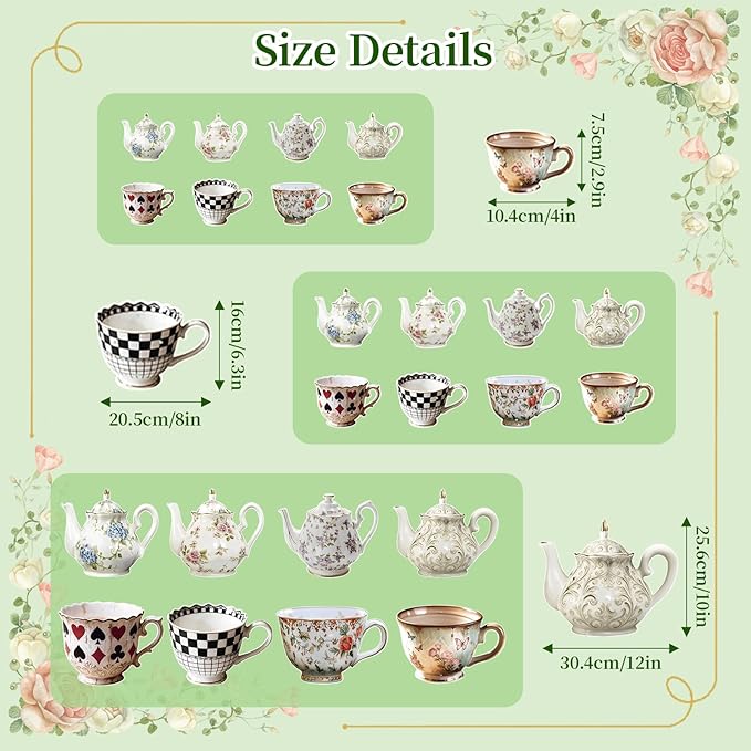 24pcs Tea Party Hanging Decorations, Teapot and Teacup Paper Garland Banner, 3 Sizes Wonderland Style Decor for Onederland Birthday and Baby Shower