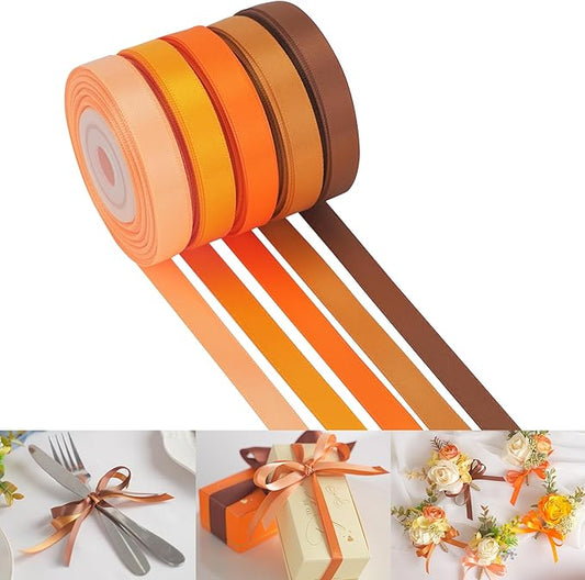 HUIHUANG Satin Ribbon 3/8 inch Orange Terracotta Double-Faced Silk Satin Ribbons for Hair Crafts Bows Making Gift Wrapping Fall Wedding Bridal Shower Decor - 5 Rolls, Total 50 Yards