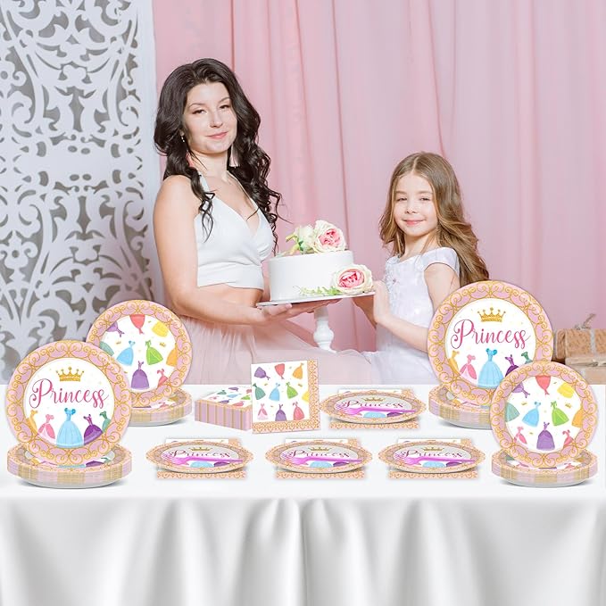Qyeahkj 100 Pcs Princess Birthday Plates and Napkins Princess Themed Party Supplies Cartoon Dress Party Decorations Crown Disposable Tableware Dinnerware Set for Girls Engagement Baby Shower Serves 25