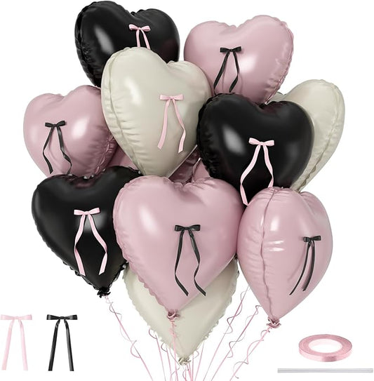 Pink and Black Heart Balloons with Ribbon Bow, 10 Pcs Light Baby Pink Cream Heart Shape Foil Balloons, 18Inch Helium Balloon with Bow Decoration for Girls Women Brithday Baby Shower Bachelorette Party