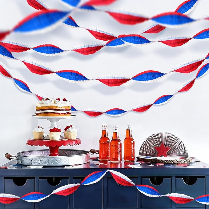 Patriotic Crepe Paper Streamers, 6 Rolls Red, Blue and White Party Streamers for Independence Day 4th of July USA Theme Party Decorations