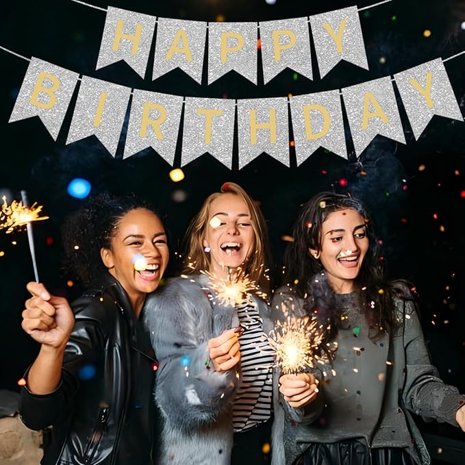 Silver Happy Birthday Banner - 16 ft Pre-Strung Gold & Silver Birthday Party Decorations Sign for Girls, Boys, Kids, Women - No DIY Hanging Backdrop for Indoor & Outdoor Celebrations