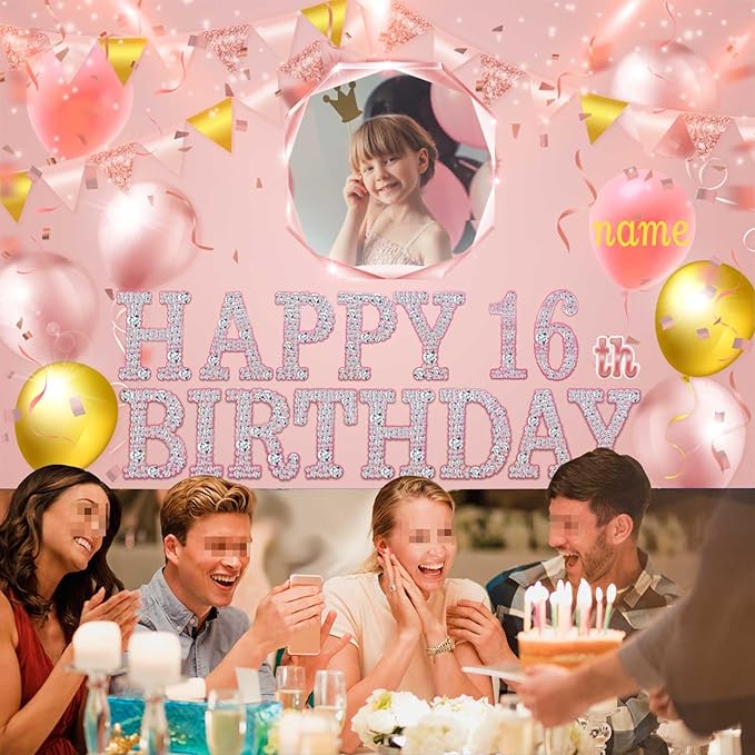Dicodes Custom Rose Gold Pink Theme Birthday Banner for Party Happy Birthday Backdrop Decoration Personalized with Name and Photo