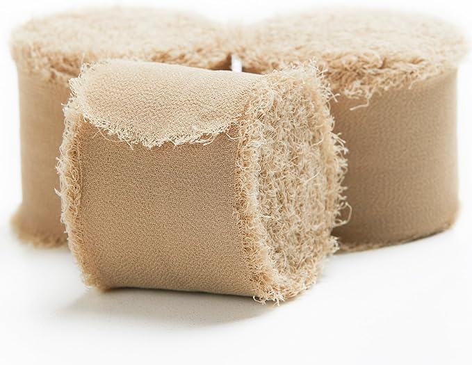 3 Rolls Fall Light Brown Handmade Fringe Chiffon Ribbon, 1.5" x 7Yd Chiffon Silk Ribbons, Gift Wrapping Ribbons Set for Bridal Bouquets, Gift Wrapping, Wedding, Bouquet Wrap, DIY Crafts