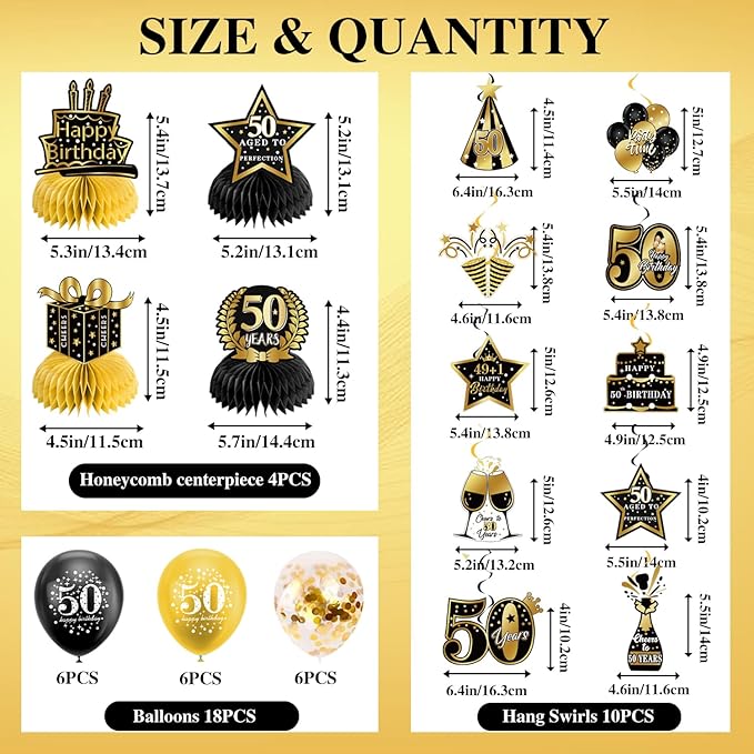 50th Birthday Decorations, Pre-Strung Happy Birthday Banner with Balloons, Backdrop, Honeycomb Centerpieces, Hanging Swirl Streamers, Black Gold Happy Birthday Party Decorations for Men Women