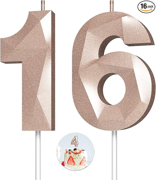 Number Birthday Candles(16 Candle Rose Gold) 3D Diamond Shape Number Happy Birthday Cake Candles for Birthday Party Wedding Decoration Reunions Theme Party