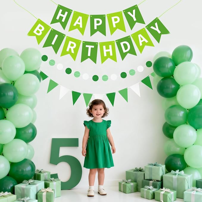 Green Happy Birthday Banner, Happy Birthday Decorations Hanging Birthday Sign Circle Dot Triangle Bunting for Women Men Girl Boy Party Supplies