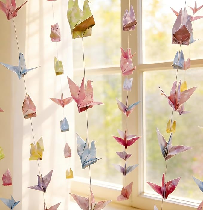 Pink Cherry Blossom Crane Paper Hanging Garland(3stringsX 5.2ft), Japanese Origami Bird Streamers, Sakura Flower for Bridal Shower, Baby Shower Birthday Party Supplies. Garden Ceiling Decor