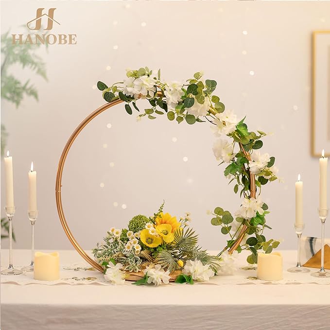 Hanobe Wedding Cake Stand Gold: 14 Inch Round Arch Cupcake Display Stands with Wood Base for Party Decorative Metal Hoop Centerpiece Decor for Birthday Baby Shower