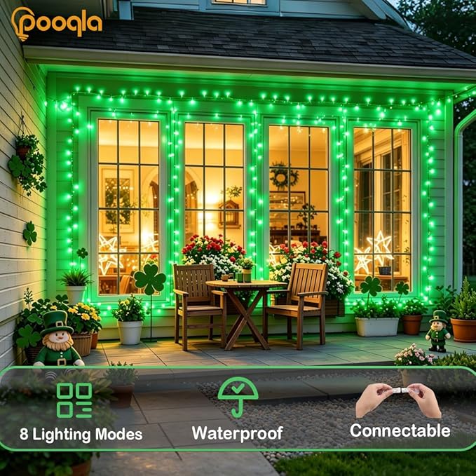 Green String Lights Outdoor Decoration, 66 ft 200 LED Green St. Patrick's Day Lights, Indoor Connectable 8 Modes Clear Wire Twinkle Fairy Light for Party St. Patrick's Day Decoration